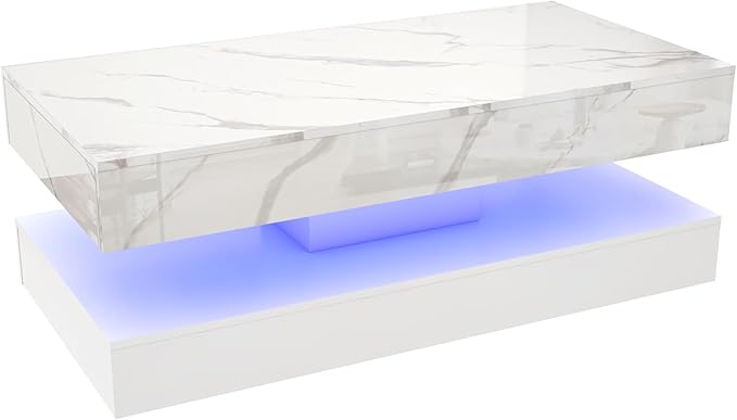 47.2" Large High-Glossy LED Coffee Table with 2 Sliding Drawers, Living Room Storage Coffee Tables with Marbling Print, Modern Stylish Double-Layer Center Tables w/LED Lights, White
