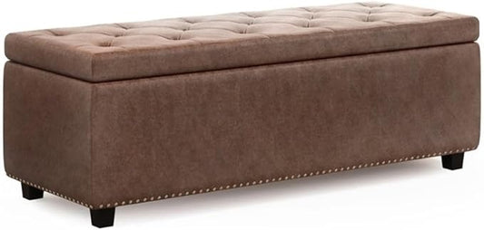 48"W Leather Storage Ottoman Bench with Lift Top, Nail Head Trim, Footrest with Large Storage Space, Distressed Brown Storage Chest, Queen Size End of Bed Bench with Hidden Space for Blankets