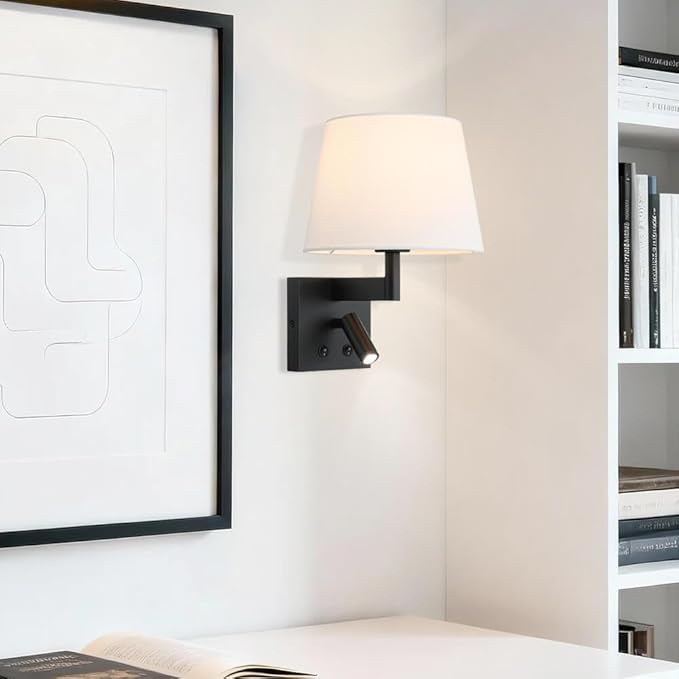 XiNBEi Lighting Hardwired Wall Sconce with LED Integrated Reading Light, Bedroom Wall Lamp with Linen Fabric Shade & On/Off Switch Modern Bedside Sconce Lighting Fixture, Matte Black XB-W468-LED-MB