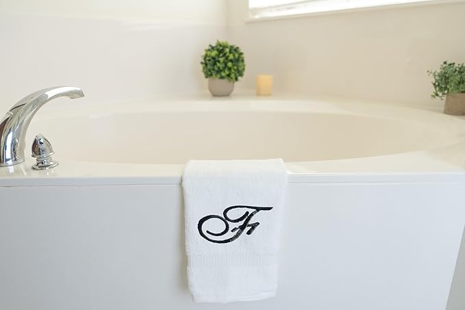 White Monogrammed Hand Towels for Bathroom - Luxury Hotel Quality Personalized Initial Embroidered Towel for Powder Room, Spa - GOTS Organic Certified - Set of 2 Black Letter F