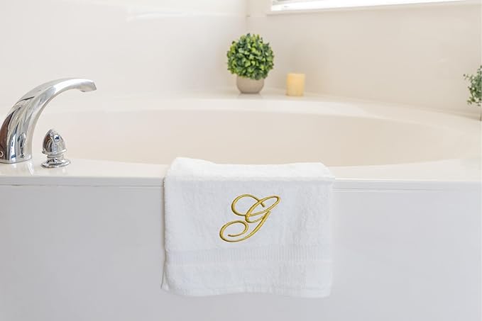White Monogrammed Hand Towels for Bathroom - Luxury Hotel Quality Personalized Initial Embroidered Towel for Powder Room, Spa - GOTS Organic Certified - Set of 2 Gold Letter G