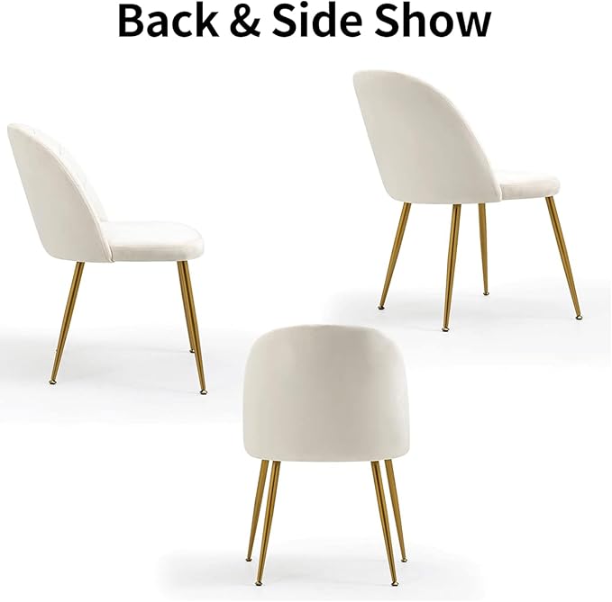 Velvet Dining Chairs Set of 6, Mid-Century Modern Upholstered Kitchen Chair with Metal Gold Legs for Living Room, Dining Room, White