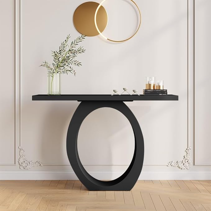 LOVEDIMA 39.4" Modern Entryway Console Table - Slim White Wooden Design with Circle Base, Space-Saving for Hallway, Living Room & Small Spaces (Easy Assembly) (Black)