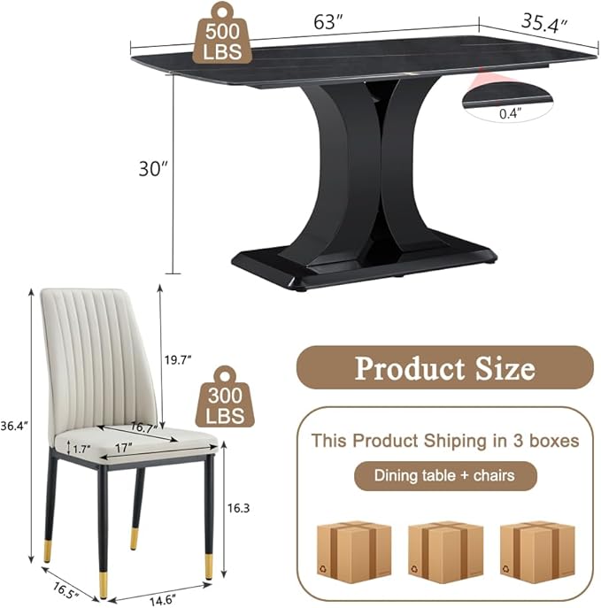 Modern Dining Table Set for 6, Marble Kitchen Table Chair Set for 6, Rectangular Kitchen Table with 6 Pu Leather Upholstered Chair for Dining Room (Light Grey)