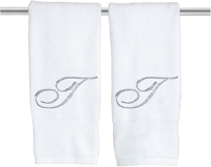 White Monogrammed Hand Towels for Bathroom - Luxury Hotel Quality Personalized Initial Embroidered Towel for Powder Room, Spa - GOTS Organic Certified - Pack of 2 Silver, Letter T
