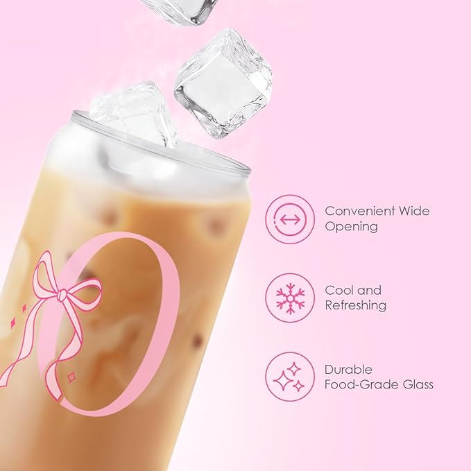 SANDJEST Monogrammed Glass Drinking Can Cup with Acrylic Lid and Straw, Personalized Frosted Iced Coffee Tumbler 16oz, Monogram Initial Gifts for Women Girls on Birthday (O)
