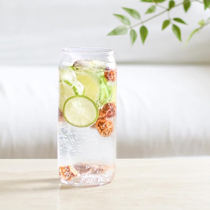 24oz Drinking Glass with Bamboo Lid and Straw, 2 Pack Glass Tumbler for Beer, Iced Coffee, Matcha Cup with 2 Straw Brush