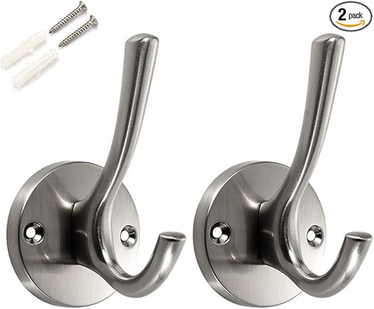 ZUONAI Towel Hooks for Bathrooms Silver Wall Hooks 2 Pack Brushed Nickel Coat Hooks Heavy Duty Towel Wall Hooks for Coats Robes Hats Bath Entryway Cubicle Kitchen Screw in Brushed Nickel Towel Hooks