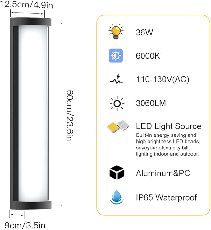 Sytmhoe Dimmable 23.6in 6000K LED Modern Outdoor Wall Light,10%-100% Dimming Porch & Patio Wall Light Fixture,Black Aluminum&Dual PC Wall Lights Suitable for Garage Living Room Courtyard House(6000K)