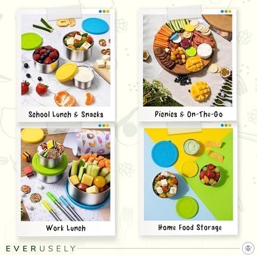 Everusely - Stainless Steel Food Containers - 3 Pack, Summer - Metal Lunch Box - Nesting Snack Containers for Office, Home Food Storage - Leakproof Silicone Lids - Dishwasher and Freezer Safe