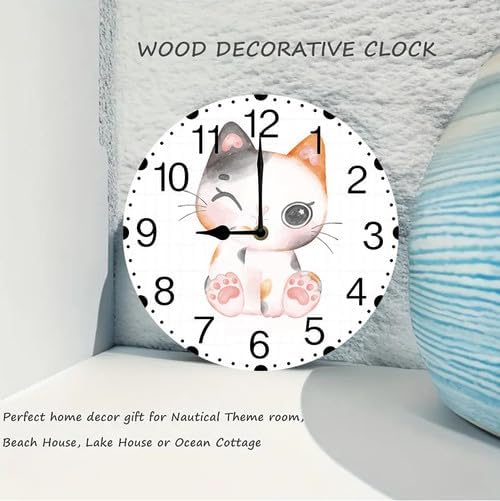 Wall Clock,Cat Licking Paw Kitchen Decor and Accessories, Decorative Battery Operated Clocks for Living Room Bedroom Bathroom Farmhouse 12 Inch