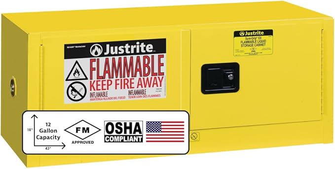 Justrite 12 Gallon Manual Close Piggyback Flammable Storage Cabinet, 18 Gauge Steel, 2 Door Fire Cabinet, 18" x 43" x 18", Made in The USA, Yellow, 891300