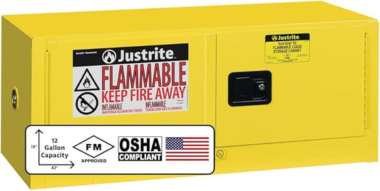 Justrite 12 Gallon Manual Close Piggyback Flammable Storage Cabinet, 18 Gauge Steel, 2 Door Fire Cabinet, 18" x 43" x 18", Made in The USA, Yellow, 891300