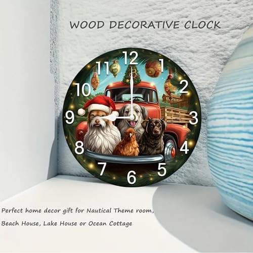 Christmas Dogs Chicken Truck Wall Clock Large Silent Non-Ticking Battery Operated Modern Clocks for Living Room Decor/Bedroom/Office (10x10 in)