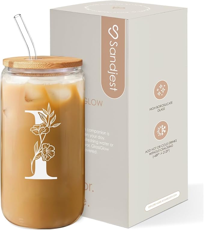 SANDJEST Monogrammed Gifts for Women - Monogram I Initial Glass Cup 16 Oz Can Coffee Cups with Lid and Straw - Monogram Initials Gifts for Womens on Birthday