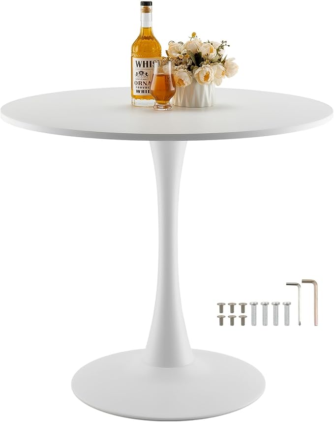 VEVOR Round Dining Table, 31.5 in Wood Table for 2-4 Person, Modern Circle Furniture, Leisure Coffee Office Tables with Pedestal Base in Tulip Design, for Home Kitchen Living Room, White(Only Table)