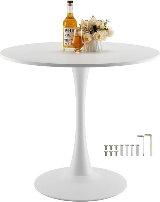 VEVOR Round Dining Table, 31.5 in Wood Table for 2-4 Person, Modern Circle Furniture, Leisure Coffee Office Tables with Pedestal Base in Tulip Design, for Home Kitchen Living Room, White(Only Table)
