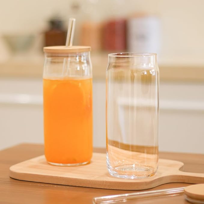 24oz Drinking Glass with Bamboo Lid and Straw, 2 Pack Glass Tumbler for Beer, Iced Coffee, Matcha Cup with 2 Straw Brush
