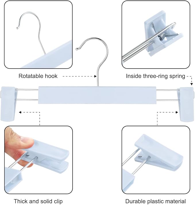 Clothes Pants Hangers, Space-Saving Skirt Holders with 360 ° Swivel Hooks, Adjustable Clips, Trouser Hangers, Clothes Coat Garment Jeans Hangers (30 Pack, Blue)