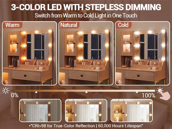 Vanity Desk with Mirror and Lights, Makeup Dressing Table w/Adjustable Bulbs, Outlets & USB Ports, Sturdy MDF Top & Metal Leg, Smart Storage Drawers & Cabinets for Bedroom