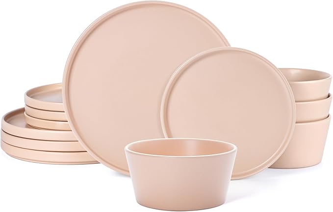 Dinnerware Sets for 4 - CJDC-QUELO 12-Piece Stoneware Plates and Bowls Sets, Ceramic Dishware Sets for Kitchen Use and Formal Dining, Chip and Scratch Resistant Microwave Dishwasher Safe, Brown