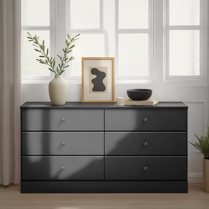 Prepac Astrid 6 Drawer Double Dresser for Bedroom, Wide Chest of Drawers, Bedroom Furniture, Clothes Storage and Organizer, 15.5" D x 47.5" W x 26.85" H, Black