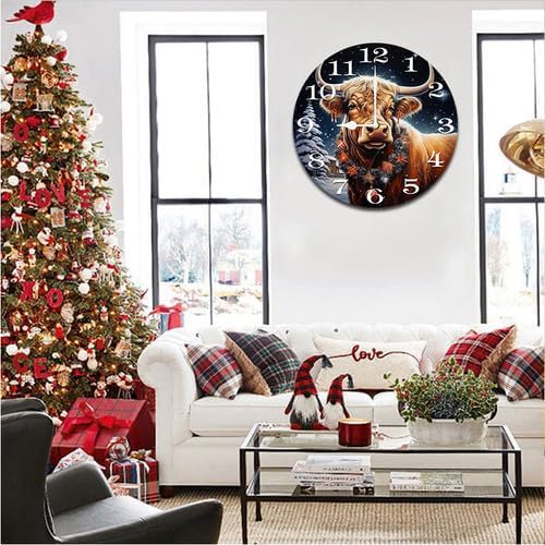 Cow with Christmas Wall Clock Large Silent Non-Ticking Battery Operated Modern Clocks for Living Room Decor/Bedroom/Office (10x10 in)
