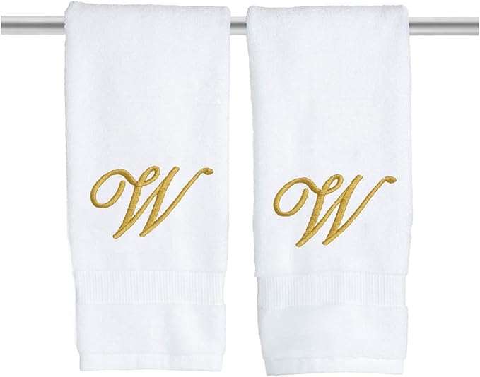White Monogrammed Hand Towels for Bathroom - Luxury Hotel Quality Personalized Initial Embroidered Towel for Powder Room, Spa - GOTS Organic Certified - Set of 2 Gold Letter W