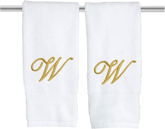 White Monogrammed Hand Towels for Bathroom - Luxury Hotel Quality Personalized Initial Embroidered Towel for Powder Room, Spa - GOTS Organic Certified - Set of 2 Gold Letter W