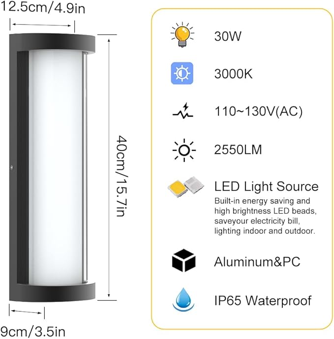 Sytmhoe 2Packs 10%-100% Dimming Exterior Wall Lights,16in Dimmable LED Modern Patio Wall Light Fixture, Black Aluminum&Dual PC Wall Sconce for Garage Bathroom Room Courtyard House(2Packs 3000K)