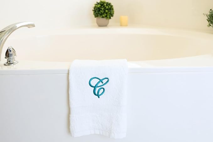 White Monogrammed Hand Towels for Bathroom - Luxury Hotel Quality Personalized Initial Embroidered Towel for Powder Room, Spa - GOTS Organic Certified - Set of 2 Teal Letter C