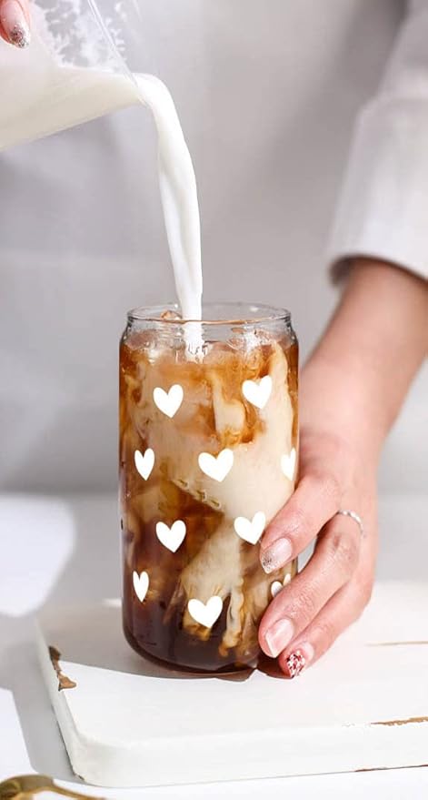 Mason Life Iced Coffee Cups, Can Shaped Glass Cups, 20 OZ Hearts Cup Beer Glass, Love Can Couple Drinking Glasses, Glass Cup with Bamboo Lids and Straws Valentines Cups Gifts- 2 Sets