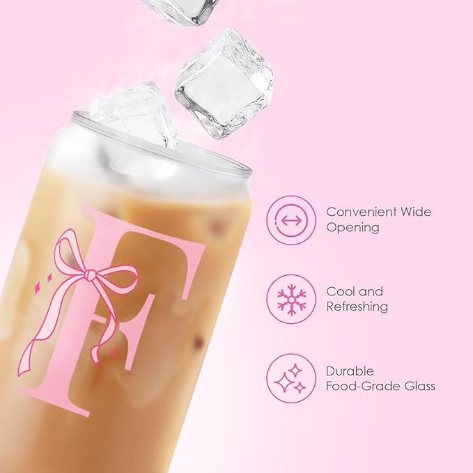 SANDJEST Monogrammed Glass Drinking Can Cup with Acrylic Lid and Straw, Personalized Frosted Iced Coffee Tumbler 16oz, Monogram Initial Gifts for Women Girls on Birthday (F)