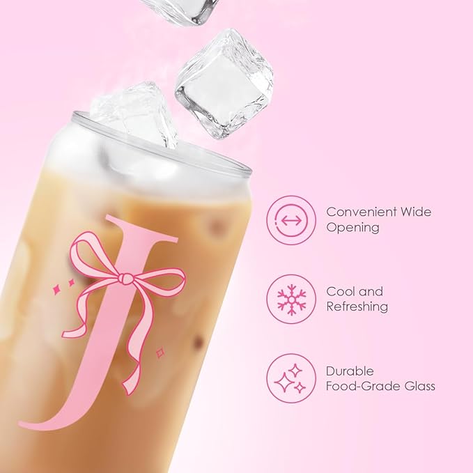 SANDJEST Monogrammed Glass Drinking Can Cup with Acrylic Lid and Straw, Personalized Frosted Iced Coffee Tumbler 16oz, Monogram Initial Gifts for Women Girls on Birthday (J)