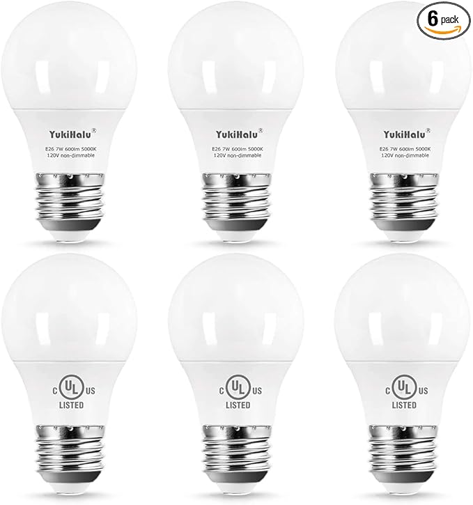 YukiHalu A15 LED Light Bulbs, 60W Equivalent, E26 Base, 2700K/3000K/5000K White, 7W 600 Lumens 120V, UL Listed, Ceiling Fan Light Bulbs, Appliance Bulb, Not Dimmable, Pack of 6 (5000K Daylight White)
