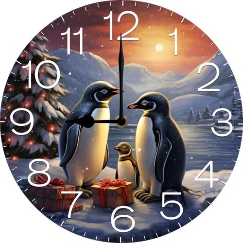 Christmas Tree and Penguins Wall Clock Large Silent Non-Ticking Battery Operated Modern Clocks for Living Room Decor/Bedroom/Office (12x12 in)
