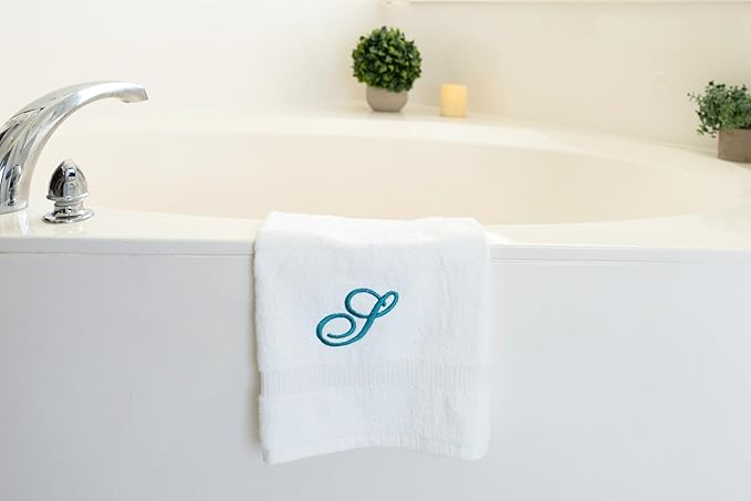 White Monogrammed Hand Towels for Bathroom - Luxury Hotel Quality Personalized Initial Embroidered Towel for Powder Room, Spa - GOTS Organic Certified - Pack of 2 Teal, Letter S
