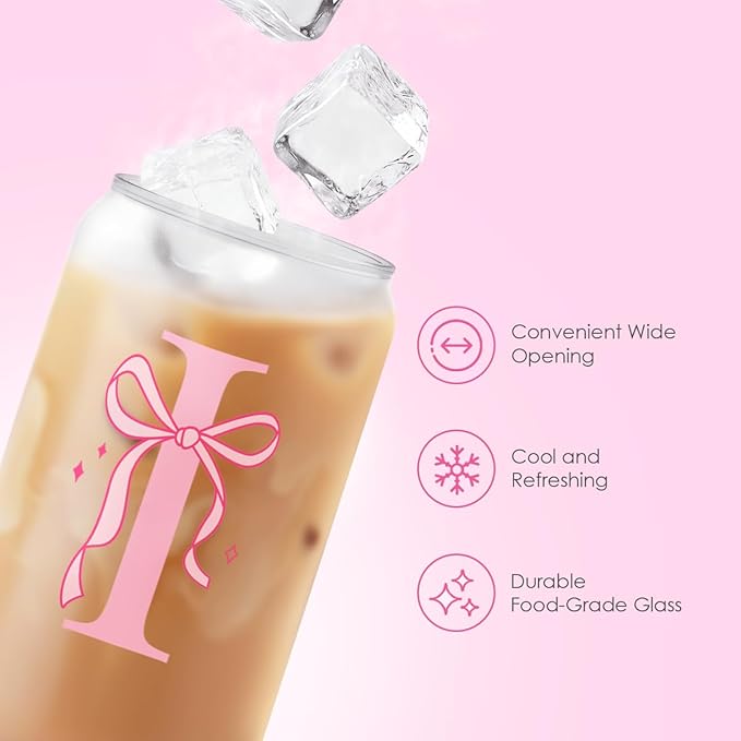 SANDJEST Monogrammed Glass Drinking Can Cup with Acrylic Lid and Straw, Personalized Frosted Iced Coffee Tumbler 16oz, Monogram Initial Gifts for Women Girls on Birthday (I)