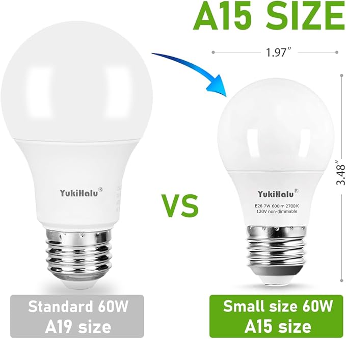 YukiHalu A15 LED Light Bulbs, 60W Equivalent, E26 Base, 2700K/3000K/5000K White, 7W 600 Lumens 120V, UL Listed, Ceiling Fan Light Bulbs, Appliance Bulb, Not Dimmable, Pack of 6 (3000K Warm White)