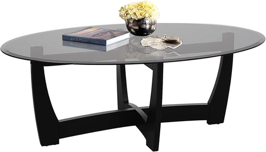 LKTART 48" Oval Glass Coffee Table with Black Tempered Glass Top Cross and Solid Wood Base Simple & Modern Center Table for Living Room Office Apartment Black