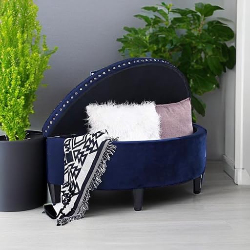 Homebeez 43.5" Half Moon Storage Ottoman Bench, Lift Top Velvet Storage Ottoman Bench for Bedroom Living Room (Navy Blue)