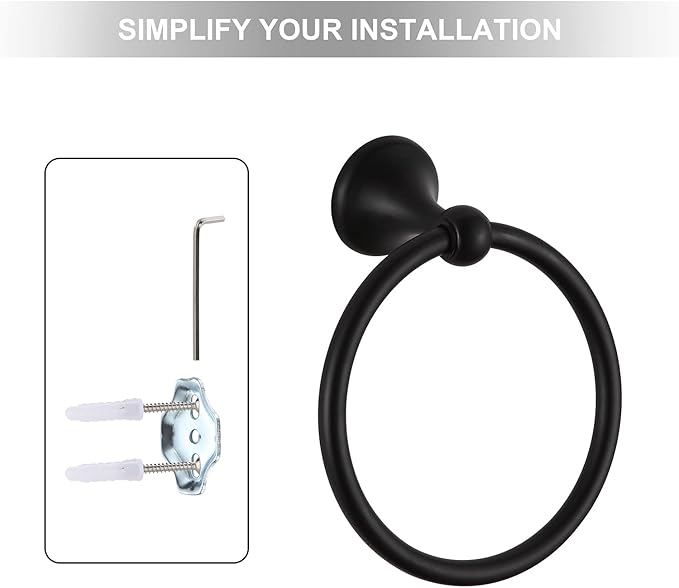 BGL Towel Ring Matte Black Matal Wall Mount for Bathroom 2 Pack Classic Style