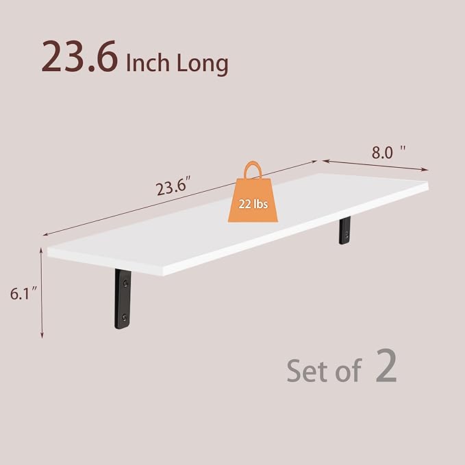 DINZI LVJ Long Wall Shelves, 23.6 Inch Wall Mounted Shelves Set of 2, Easy-to-Install, Floating Storage Ledges with Sturdy Metal Brackets for Living Room, Bathroom, Bedroom, Kitchen, White