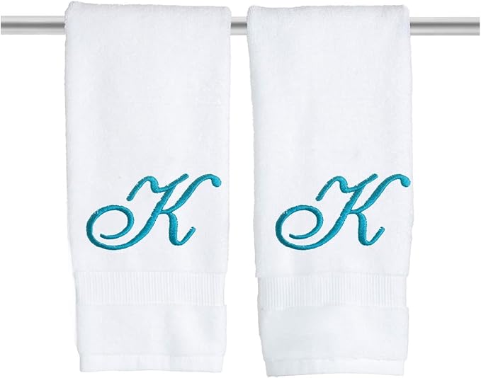 White Monogrammed Hand Towels for Bathroom - Luxury Hotel Quality Personalized Initial Embroidered Towel for Powder Room, Spa - GOTS Organic Certified - Set of 2 Teal Letter K