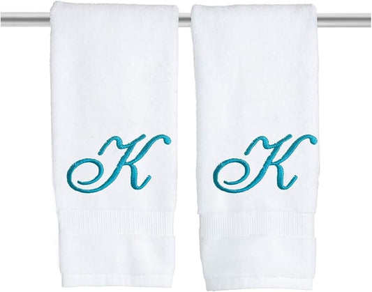 White Monogrammed Hand Towels for Bathroom - Luxury Hotel Quality Personalized Initial Embroidered Towel for Powder Room, Spa - GOTS Organic Certified - Set of 2 Teal Letter K