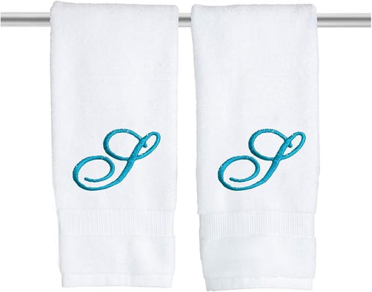 White Monogrammed Hand Towels for Bathroom - Luxury Hotel Quality Personalized Initial Embroidered Towel for Powder Room, Spa - GOTS Organic Certified - Pack of 2 Teal, Letter S