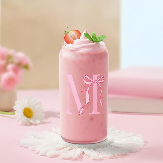 SANDJEST Monogrammed Glass Drinking Can Cup with Acrylic Lid and Straw, Personalized Frosted Iced Coffee Tumbler 16oz, Monogram Initial Gifts for Women Girls on Birthday (M)