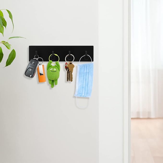 Picowe Key Holder for Wall Decorative, Adhesive Stainless Steel Key Hooks, Key Hanger Key Organizer for Wall, Towel Hook Coat Hanger for Entryway Hallway Kitchen(Four Rows,Black 1PCS)