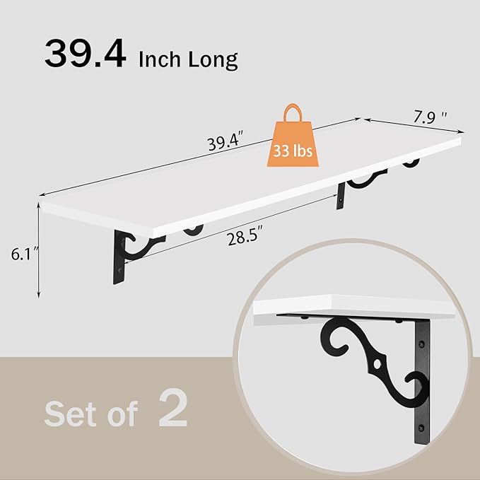 DINZI LVJ Long Wall Shelves, 39.4" Large Floating Shelves Set of 2, Farmhouse Display Shelf Wall Mounted with Heavy Duty Brackets, Easy Assembly for Kitchen, Bathroom, Bedroom, Balcony, White