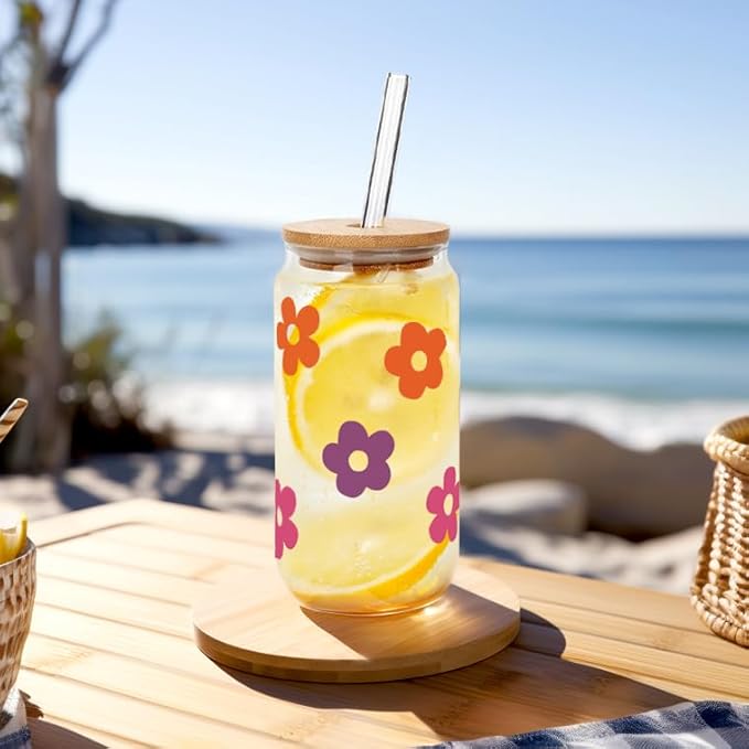 Mason Life Glass Cups with Lids and Straws, 20OZ Can Shaped Glass Cups, Drinking Glasses, Iced Coffee Glasses Cup, Reusable Smoothie Iced Coffee Drinking Cup - Set of 6